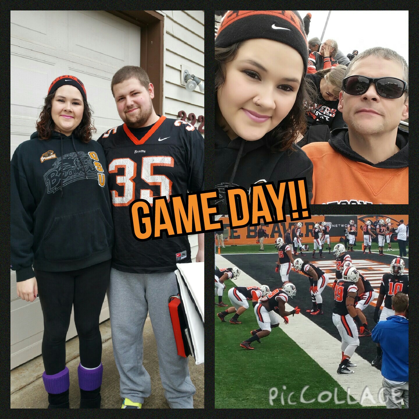 A collage of three picture. The first my boyfriend, Dustin, and my in our Beaver gear. The second my father and me at half time, and the last one if the football players practicing before the game started. Over the collage it says Game Day! in bold orange letters.